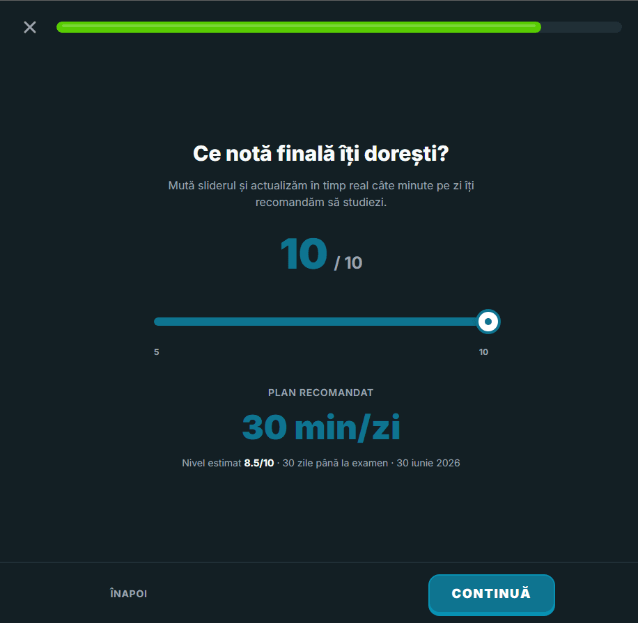 Ecran pentru alegerea notei finale dorite și afișarea planului recomandat