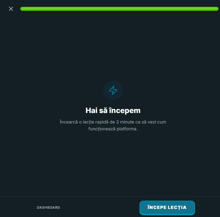 Ecran Hai să începem cu buton pentru începerea lecției introductive
