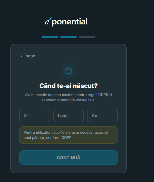 Formular pentru data nașterii elevului cu mesaj despre acordul părintelui pentru utilizatorii sub 16 ani