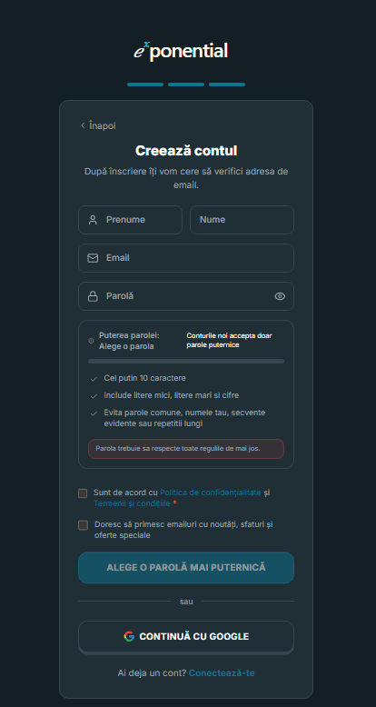 Formular de creare cont Exponential cu câmpuri pentru nume, e-mail, parolă și acceptarea termenilor