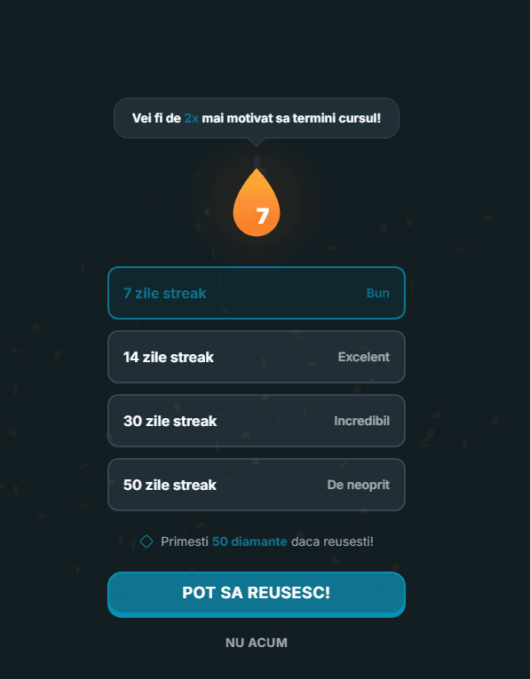 Ecran pentru alegerea obiectivului de streak cu opțiuni de 7, 14, 30 și 50 de zile
