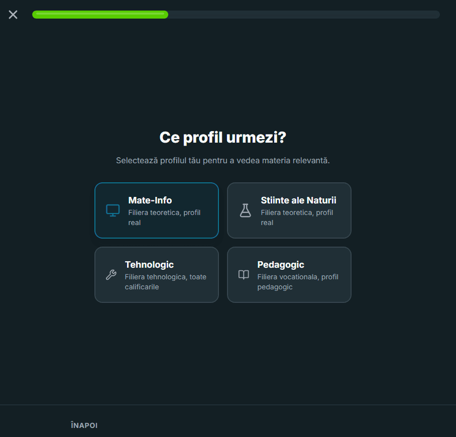 Ecran pentru alegerea profilului elevului cu opțiunea Mate-Info selectată