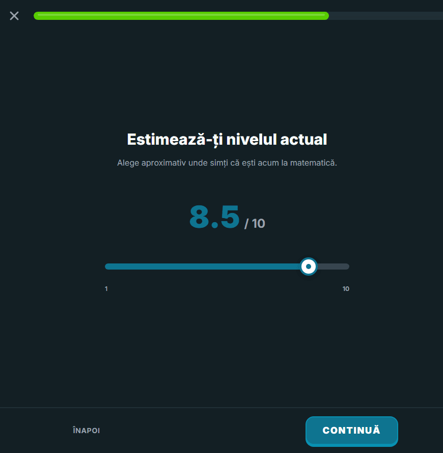 Ecran cu slider pentru estimarea nivelului actual al elevului la matematică