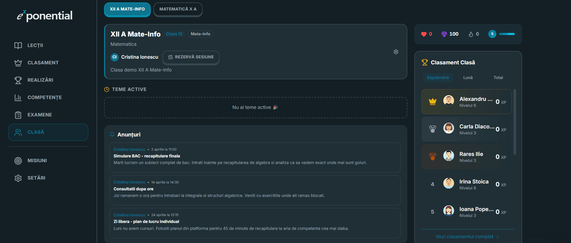 Pagina Clasa mea cu informații despre clasă, profesor, teme active, anunțuri și clasament