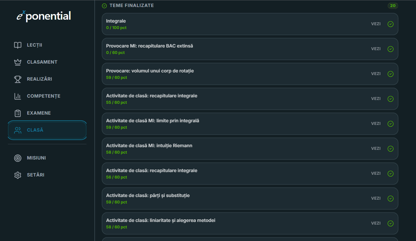 Lista de teme finalizate din pagina clasei cu punctaje și butoane Vezi