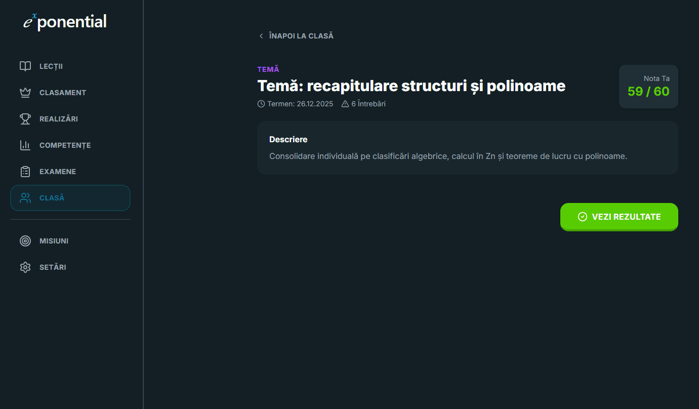 Pagina unei teme finalizate cu titlu, termen, descriere, nota elevului și buton Vezi rezultate