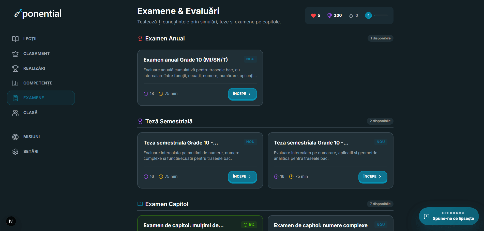 Pagina Examene și Evaluări cu examene anuale, teze semestriale și examene pe capitole