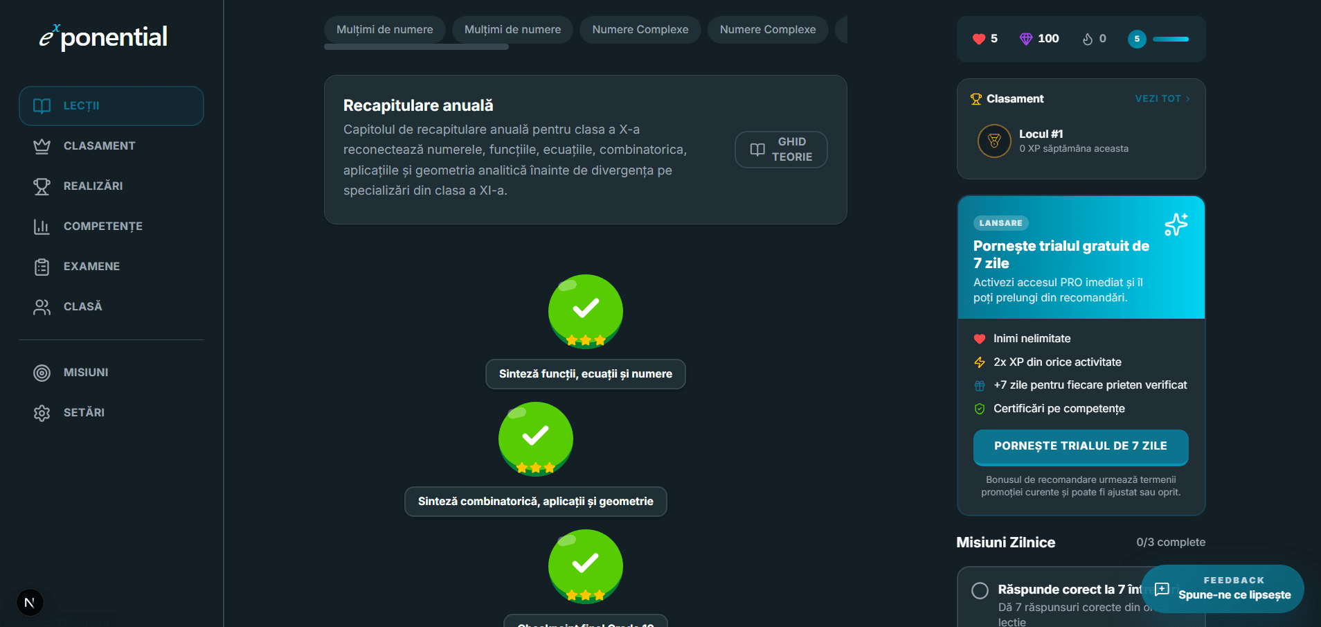 Pagina Lecții pentru elev cu traseu de activități și lecții finalizate