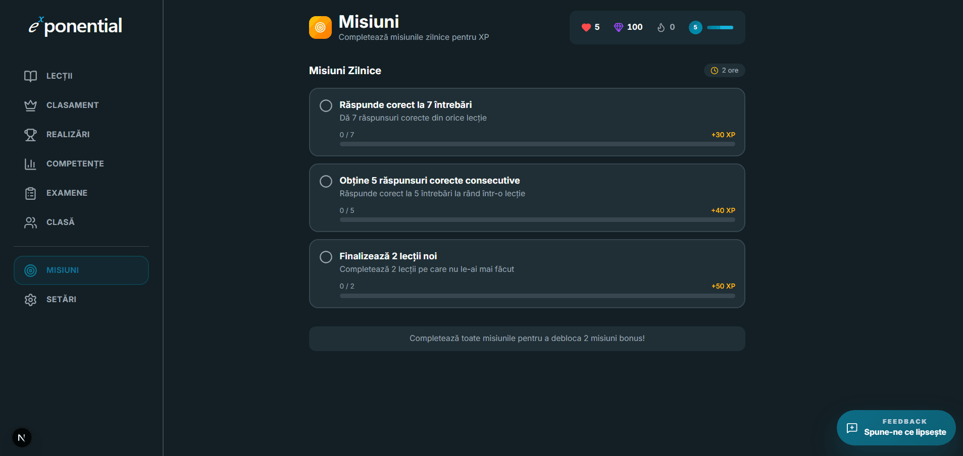 Pagina Misiuni pentru elev cu misiuni zilnice, progres și recompense XP