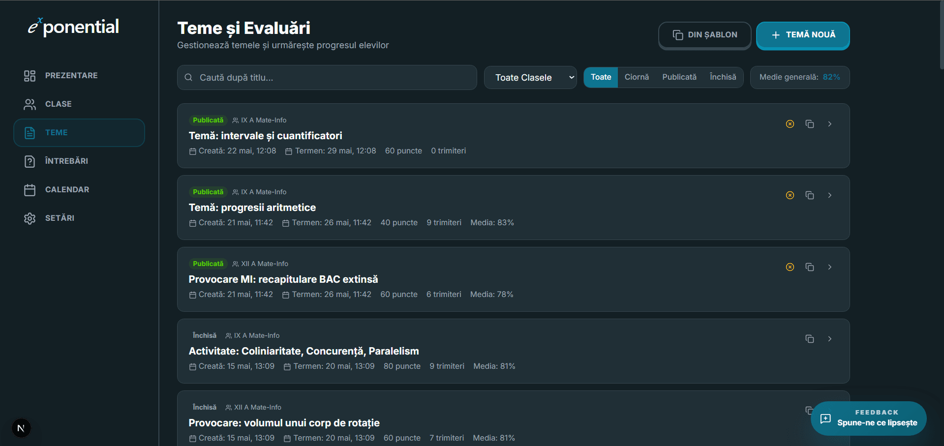 Pagina Teme și Evaluări cu lista temelor, filtre și butonul Temă nouă