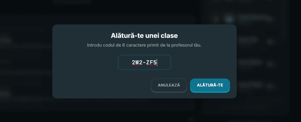 Fereastra Alătură-te unei clase cu un cod de clasă introdus