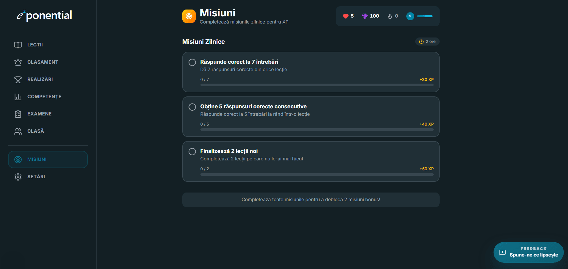 Pagina Misiuni cu obiective zilnice, progres și recompense XP